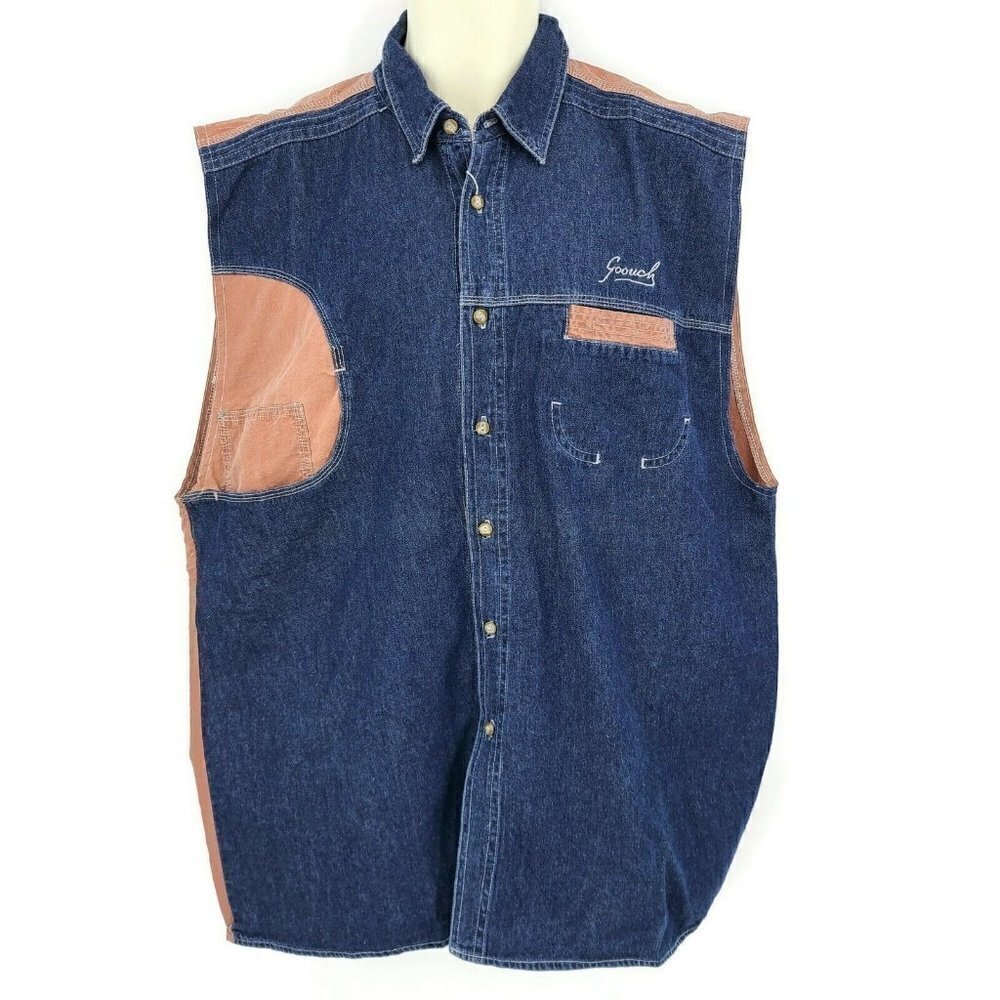 Vtg Goouch Sleeveless Denim Shirt Mens Med Button Front Salmon Back Pockets